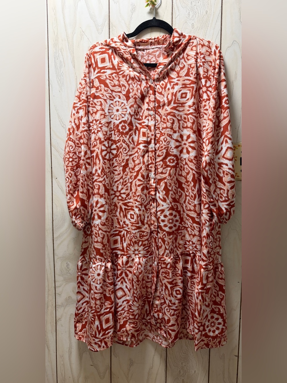 Button-Front Printed Tiered Dress in Rust and White